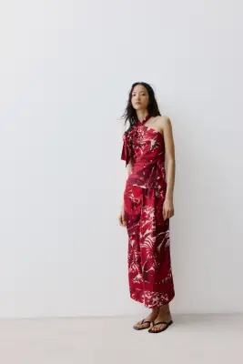 Jupe midi avec détail froncé - Rouge/motif cachemire