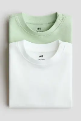 Lot de 2 T-shirts en coton - Vert clair/blanc