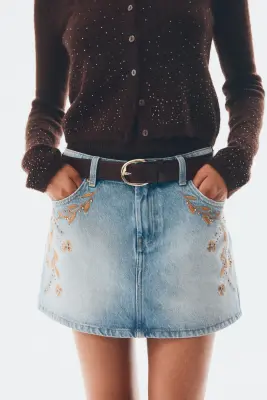 Minijupe en denim - Bleu denim clair/fleurs