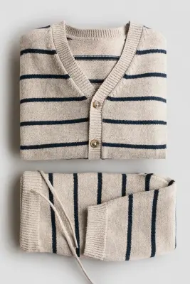 Ensemble 2 pièces en maille fine de coton - Beige/rayures bleues