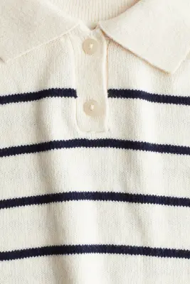 Pull façon polo en maille côtelée - Crème/rayé