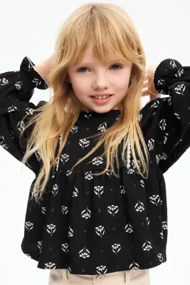 Blouse en jersey texturé - Noir/fleuri