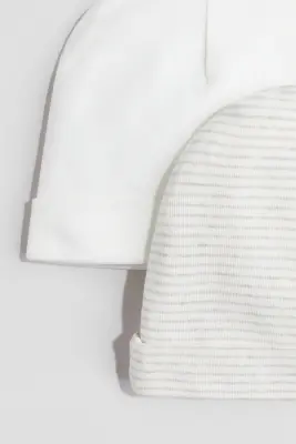 Lot de 2 bonnets en coton - Blanc/rayures beiges