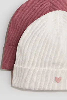 Lot de 2 bonnets en coton - Rose ancien foncé/cœur