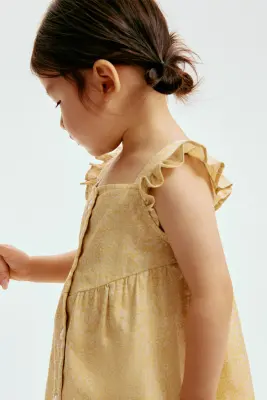 Robe volantée en coton - Jaune/blanc/fleuri