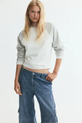 Top en coton avec manches raglan - Gris clair chiné/color block