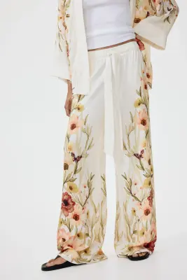 Pantalon en viscose avec cordon de serrage - Crème/fleuri
