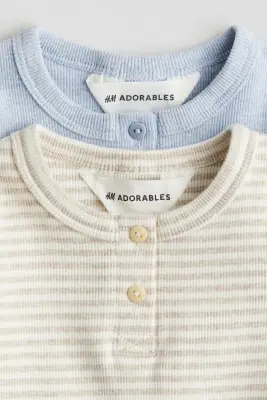 Lot de 2 T-shirts en coton avec col tunisien - Bleu clair/rayé