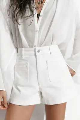 Short taille haute en denim - Crème
