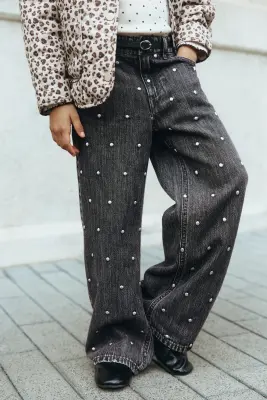 Jean à jambes larges avec motifs - Noir denim/pois