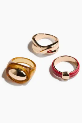 Lot de 3 bagues épaisses - Doré/orange/rouge