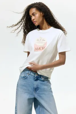 T-shirt imprimé en coton - Crème/Amore