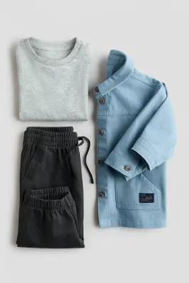 Ensemble 3 pièces en coton - Bleu clair/gris foncé