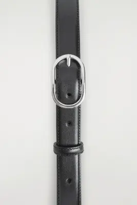 CEINTURE EN CUIR À BOUCLE OVALE - NOIR / ARGENTÉ