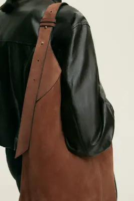Sac porté épaule en cuir velours - Marron