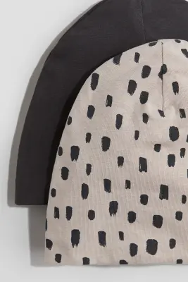 Lot de 2 bonnets en coton - Gris foncé/pois