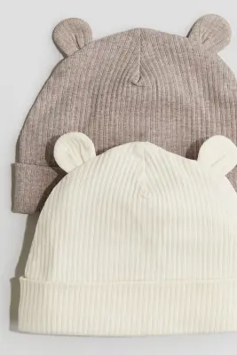 Lot de 2 bonnets côtelés avec oreilles - Beige clair/beige foncé chiné