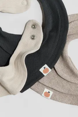 Lot de 3 bavoirs triangulaires en coton - Beige/gris foncé