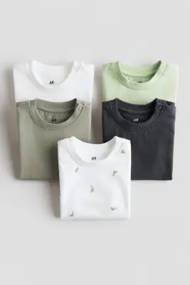 Lot de 5 T-shirts en coton - Vert kaki/gris foncé