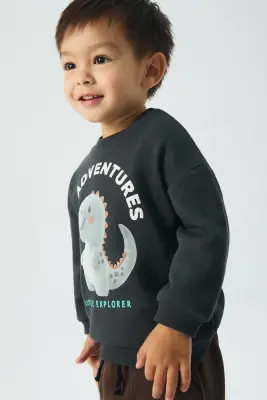 Sweat à l'intérieur brossé avec motif - Gris/dinosaure