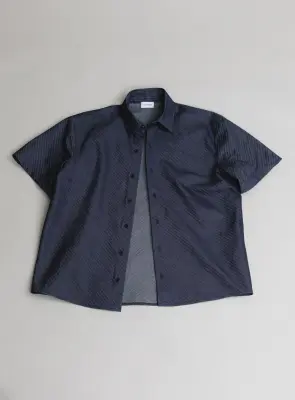 Chemisette with Classic Collar in Raw Blue Bias Cut Denim