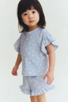 Ensemble 2 pièces en tissu éponge imprimé - Bleu clair/fleuri