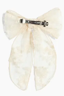 Barrette avec nœud brodé - Crème