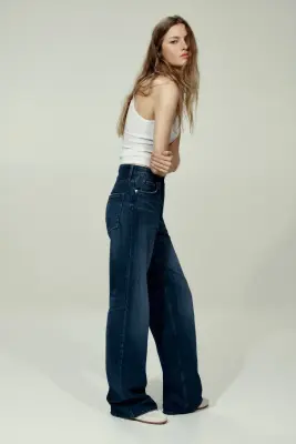 Wide High Waist Jeans - Bleu denim foncé