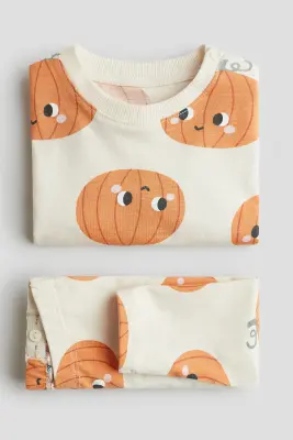 Ensemble imprimé 2 pièces en coton - Beige clair/citrouilles