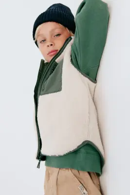 Veste sans manches en tissu Teddy bear - Beige clair/vert foncé