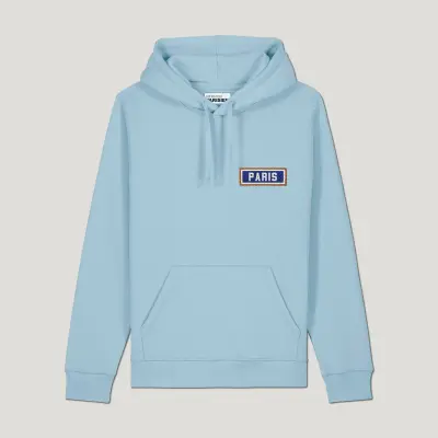 SWEAT SHIRT CAPUCHE COTON BIO BRODÉ - PARIS - BLEU CIEL