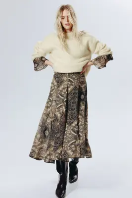 Jupe à plis godets - Vert kaki foncé/motif