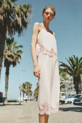 Jupe en ramie avec dentelle - Rose clair