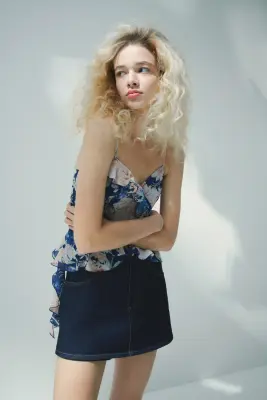 Jupe-short en denim avec taille haute - Bleu denim foncé