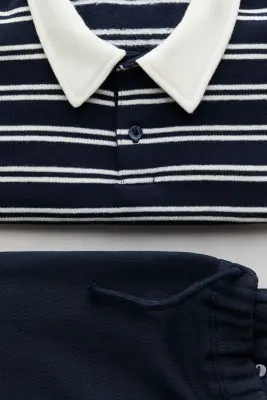 Ensemble 2 pièces en molleton - Bleu marine/rayures blanches