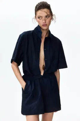 Short en coton avec broderie anglaise - Bleu foncé