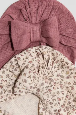 Lot de 2 bonnets avec nœud - Rose ancien foncé/fleuri