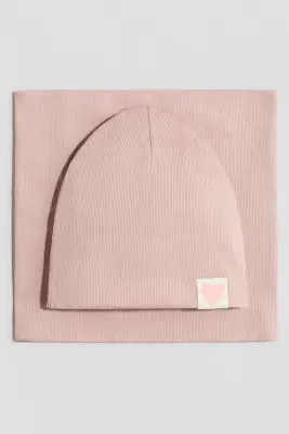 Ensemble 2 pièces bonnet et snood - Rose clair/cœur