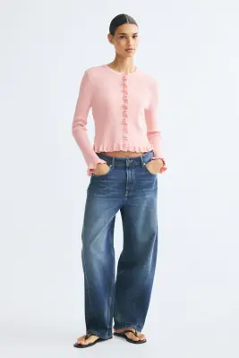 Gilet en maille côtelée avec volants ruchés - Rose clair