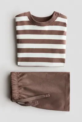 Ensemble 2 pièces en jersey de coton - Marron/rayures blanches