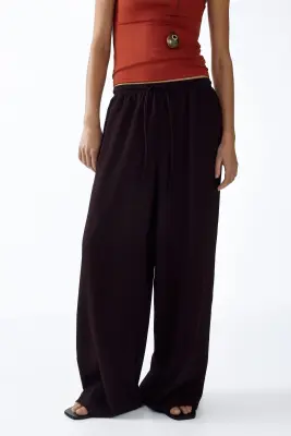 Pantalon large avec taille élastique - Marron foncé