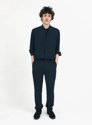 Pants with Inlayed Waistband in Navy Blue Serge