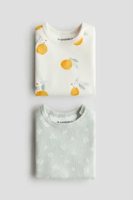Lot de 2 tops en coton côtelé - Crème/citrons