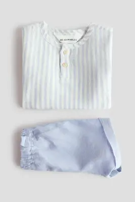 Ensemble 2 pièces chemise à col tunisien et short - Bleu/rayures blanches