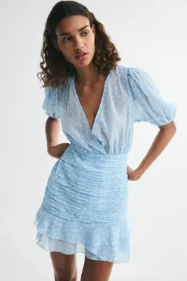Robe à effet drapé - Bleu clair/pois