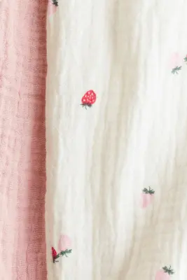 Lot de 2 pantalons en mousseline de coton - Blanc/fraises