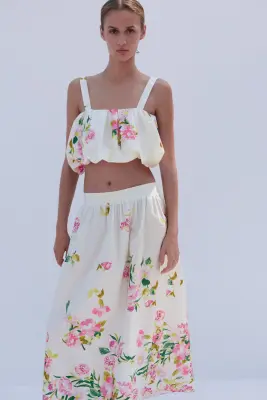 Jupe trapèze en coton - Crème/fleuri