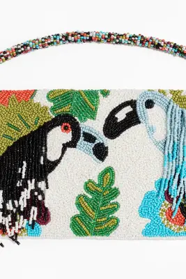 Pochette avec perles fantaisie - Blanc/perroquets