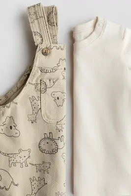 Ensemble 2 pièces salopette et T-shirt - Beige clair/animaux