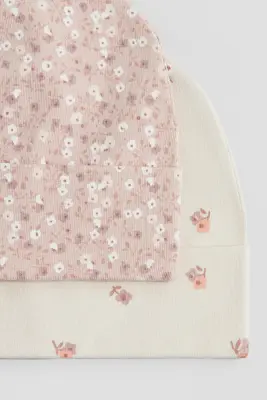 Lot de 2 bonnets en coton - Rose clair/fleuri